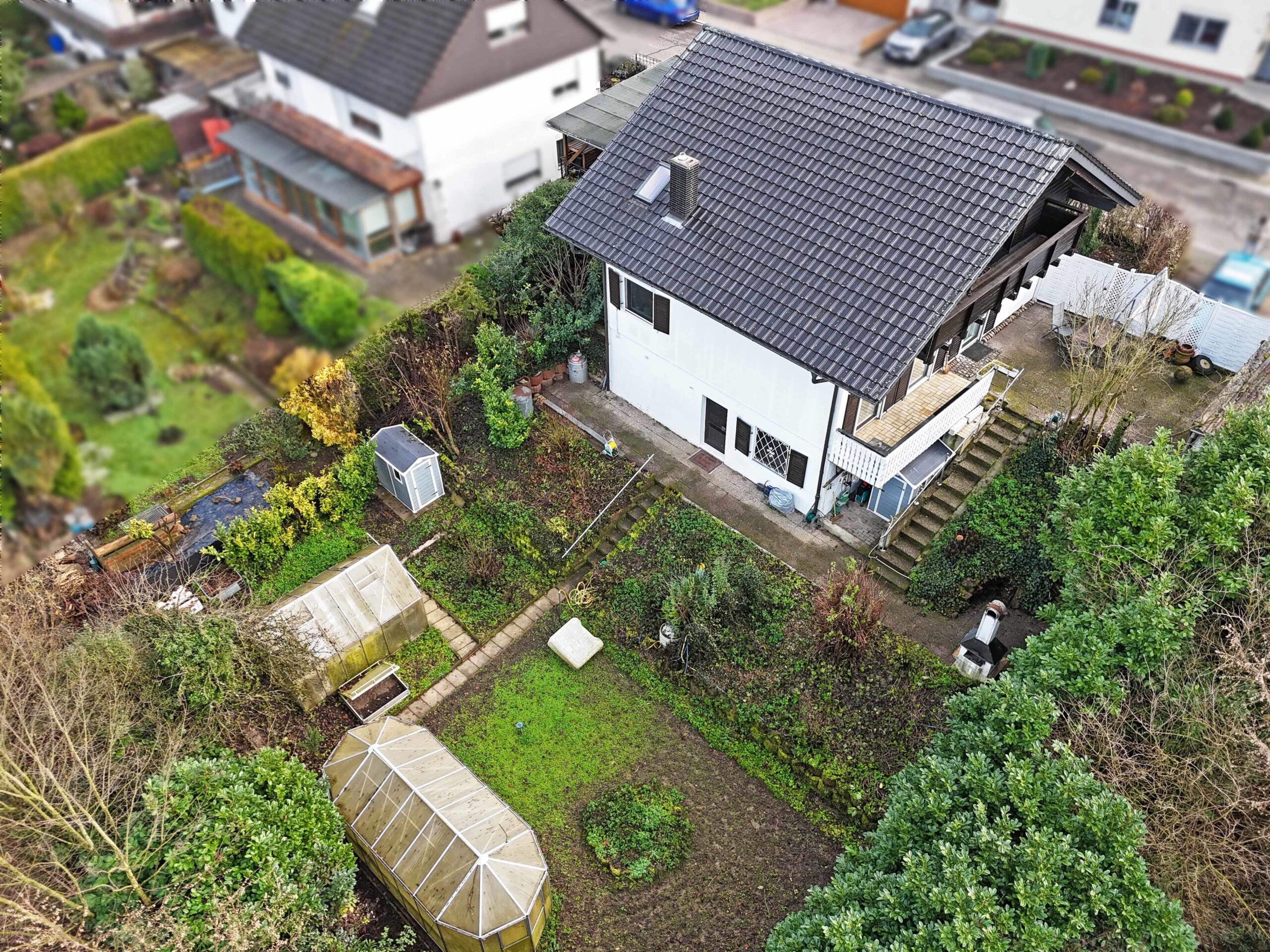 Drohnenansicht Haus und Garten